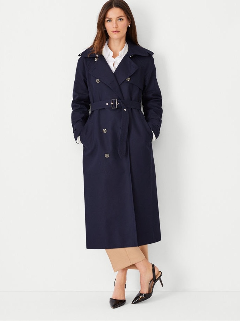 Ann Taylor Navy Long Twill Raglan Trench Coat Size Small